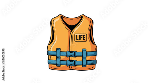 Colorful life jacket with orange and blue design on white background