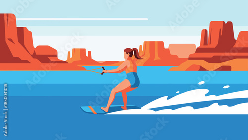 Woman water skiing on lake with red rock canyon landscape in flat design