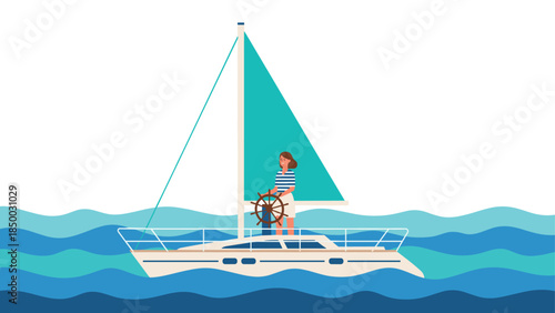 Woman sailing yacht amidst ocean waves in minimalist art style