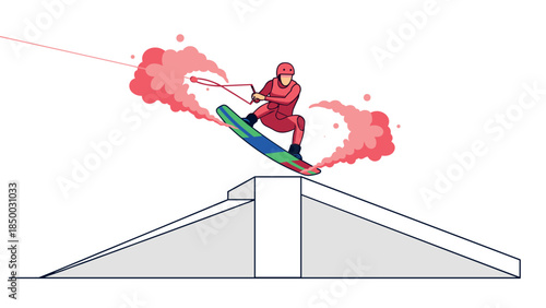 Dynamic wakeboarder performing tricks on urban water ramp