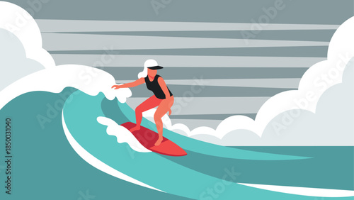 Surfer riding wave in minimalist style with ocean backdrop