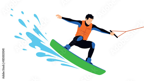 Dynamic wakeboarding action with splashing water elements in flat design