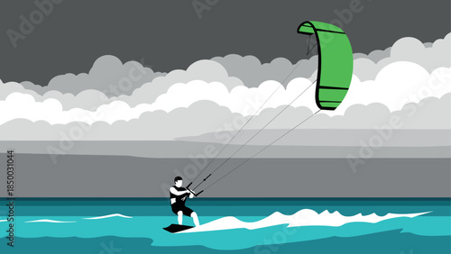 Dynamic flat design of kite surfer in action on ocean waves