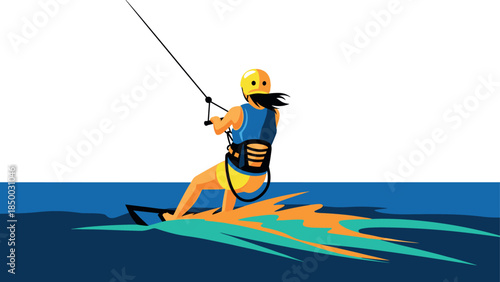 Dynamic water sports: woman kiteboarding on ocean waves in vibrant style