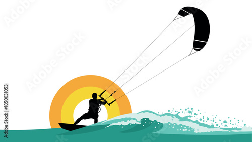 Silhouette of kite surfer riding waves against vibrant sunset