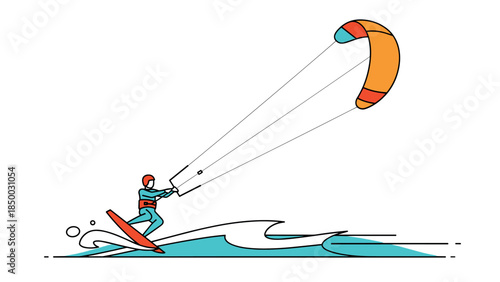 Colorful minimalist kiteboarding scene with dynamic motion and abstract waves