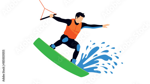 Dynamic wakeboarder in action with splashing water and minimalist design