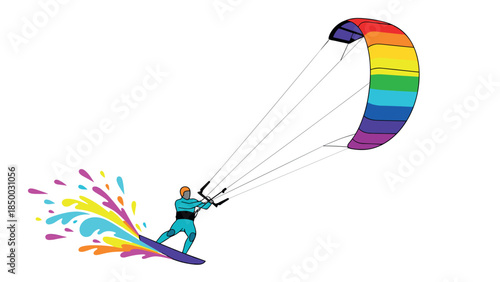 Colorful kiteboarding adventure with rainbow parachute and vibrant splash