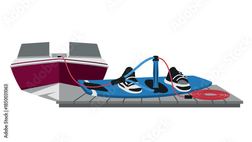 Wakeboard setup on dock with speedboat and equipment for water sports adventure
