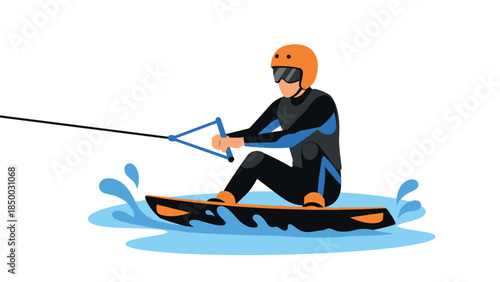 Wakeboarding adventure: dynamic flat design of a wakeboarder in action