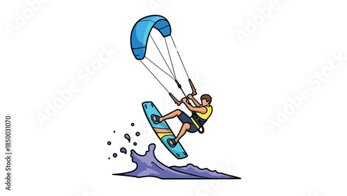 Dynamic kite surfing action in colorful cartoon style with splashing waves