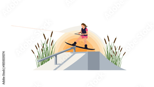 Wakeboarding adventure with suspended ramp and sunset glow