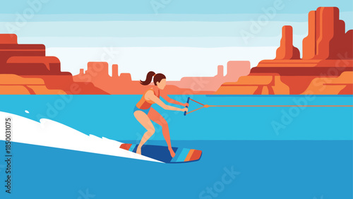 Flat design of woman waterskiing in scenic canyon landscape