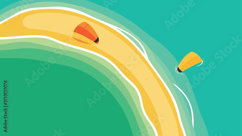 Aerial view of colorful kitesurfers on a tropical beach coastline with clear waters