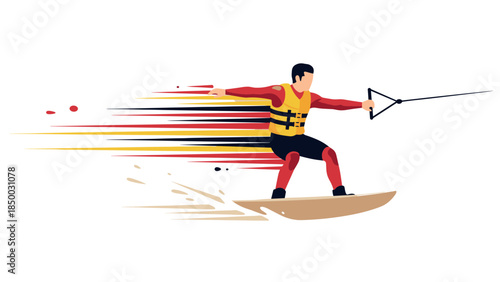 Dynamic wakeboarding action: colorful flat design of a wakeboarder in motion