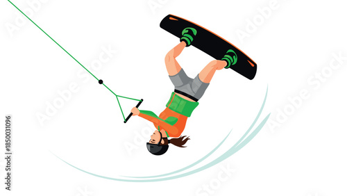 Dynamic wakeboarding stunt by athlete in orange attire on white background