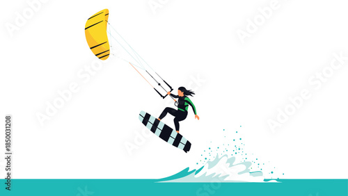 Kiteboarding adventure with female athlete catching air over waves