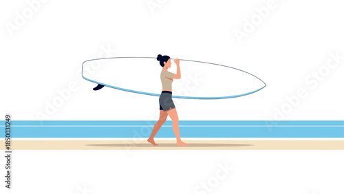 Woman walking with surfboard on beach in minimalist style