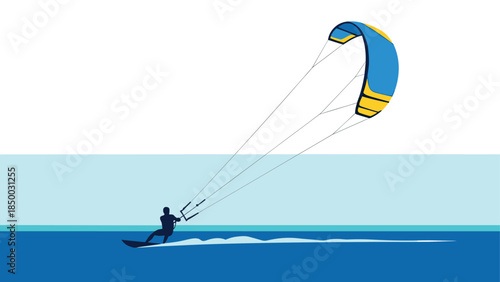 Kitesurfer riding waves in minimalist ocean scene with blue and yellow kite