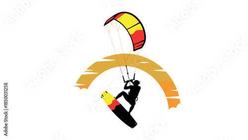Dynamic kitesurfing silhouette with vibrant sail in sunset scene