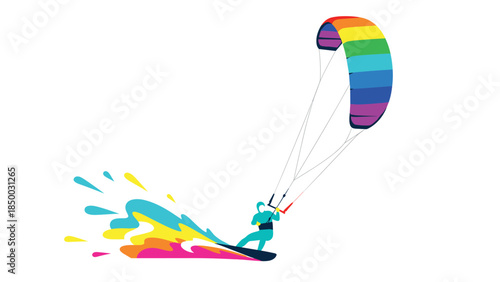 Vibrant kiteboarding adventure with colorful rainbow parachute on white background
