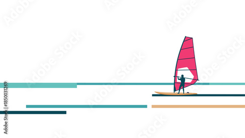 Minimalist windsurfer on calm waters with abstract geometric lines
