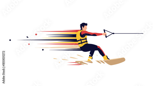 Dynamic water sports action scene of a speeding wakeboarder in motion