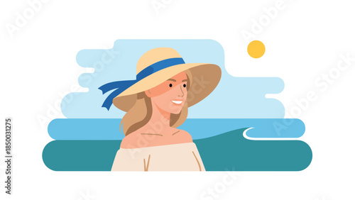 Smiling woman with sun hat by the ocean in a flat design