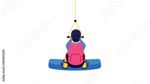 Person in a life jacket engaged in water sport with rope overhead on blue board