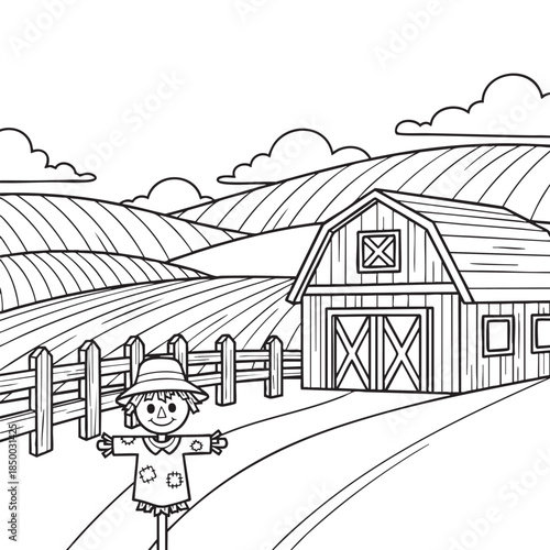 Child Standing Outside Barn on Countryside Scenic Landscape