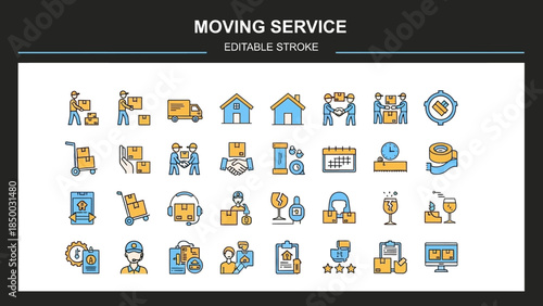 Collection of modern solid sleek line icons depicting professional moving, delivery, and relocation services with editable strokes, perfect for logistics and transport businesses