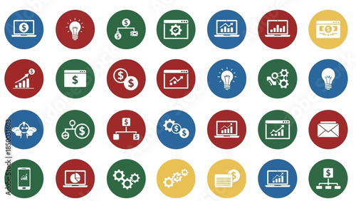 Icons for business strategy, finance, and analytics, representing growth, data, and success