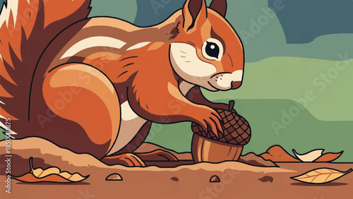 A cartoon squirrel buries an acorn in the ground with leaves scattered around in a forest environment from a side viewpoint