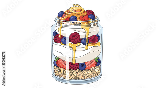 Delicious layered parfait in a glass jar features granola, yogurt, fresh berries, and a drizzle of golden honey, creating a healthy breakfast treat.