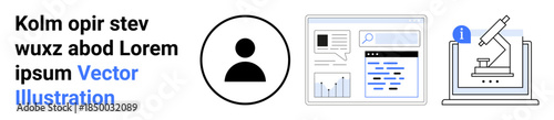 User profiles, data analytics, scientific research, digital interfaces, online identity, computer science. A user icon, a data dashboard and a microscope graphic. User profiles and data analytics