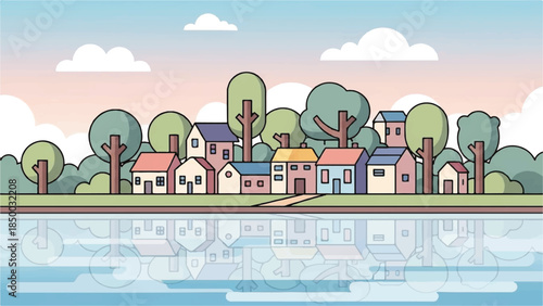 Village houses reflected in calm water under a serene sky with lush greenery surrounding the buildings.