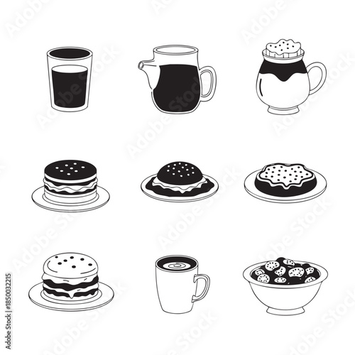 Collection of Breakfast Drinks and Desserts Featuring Pastries and Coffee