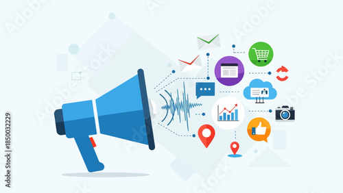 Blue Megaphone with Social Media Icons.