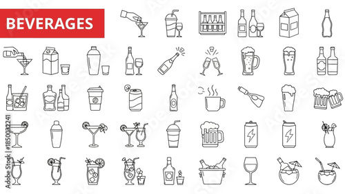 Solid Sleek Line Art Beverage Icons Collection Diverse Drinks, Cocktails, Coffee, Beer, Wine, and Juices for UI/UX Design and Web Applications
