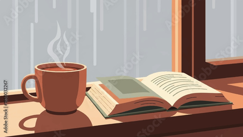 A steaming cup of coffee beside an open book on a windowsill on a rainy day