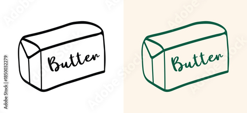 Vintage style hand drawn icon of a butter package. Minimalist black and green line art sketch for kitchen menus, dairy labels, and organic food branding.