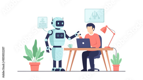 Man Collaborating with Robot Assistant at Desk.