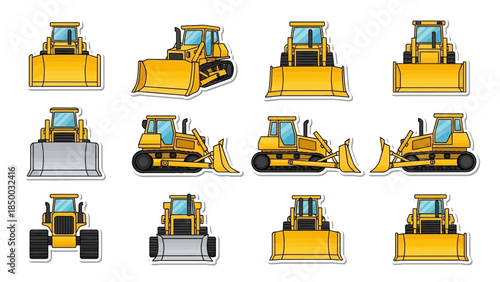 Collection of Heavy Construction Bulldozer Machines in Various Dynamic Angles for Industrial and Engineering Projects