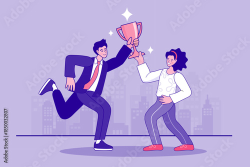 Successful business team man and woman holding winner trophy together to celebrate partnership achievement and corporate victory in city concept of teamwork and career goal accomplishment.