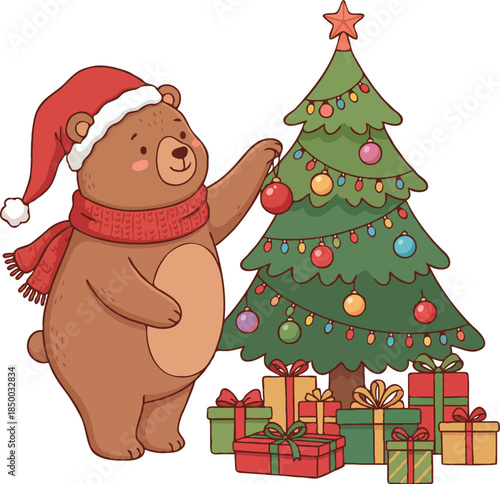 adorable cute chubby bear decorating a tree