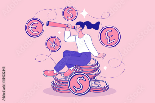 Smart female investor sitting on stack of coins using spyglass to analyze global currency exchange rates and international forex market trends for future financial profit and business opportunity.