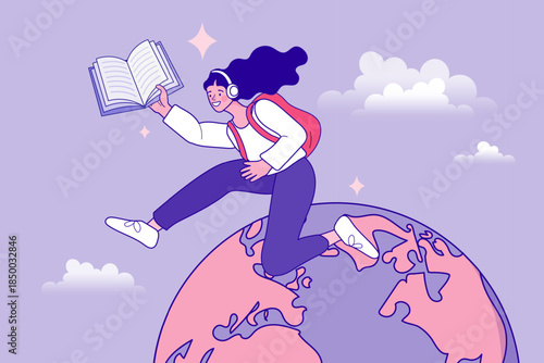 Young woman student holding open book running on globe world map. Global education, study abroad, and international learning journey concept. Flat vector illustration for academic and scholarship.