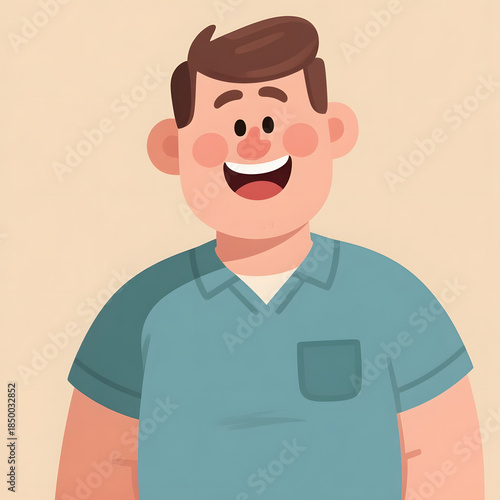 Happy cartoon man smiling in a light blue shirt on beige background  