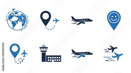 Collection of travel and aviation icons for flight, navigation, and airport services