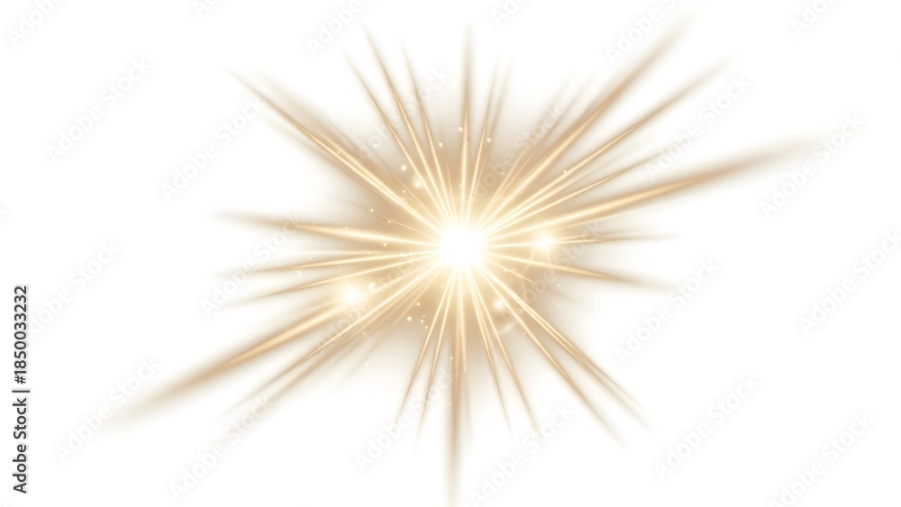Fototapeta premium Golden light burst with radiating lines on a white background, captured with a shallow depth of field and warm tones.